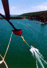 Flyer's aerial view over lake.